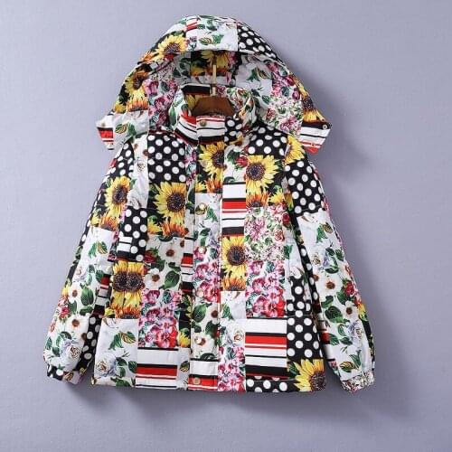 European and American womens wear 2020 winter new style Long sleeve hooded chrysanthemum print Fashion warm down jacket