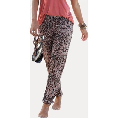 Women Bohemian Floral Print Long Pants High Waist Vintage Harem Pants Elastic Waist Boho Beach Trousers Plus Size Leggings 3