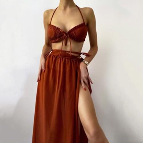 Womens Sexy Three Piece Bikini Suits Fashion Solid Color Ruffles Halter Top+Bandage Long Skirts+Thong Female Swimsuit Beachwear