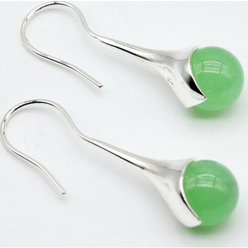 Ladies silver earrings, green jade round beads, 925 sterling silver, jade earrings, long earrings