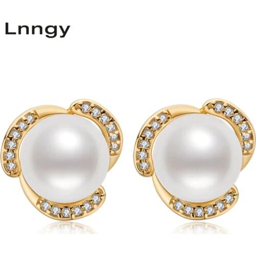 Lnngy 14K Gold Filled Stud Earrings 9.5-10mm Natural Freshwater Pearl Fashion Flower Earrings Women Fine Earrings Jewelry Gifts