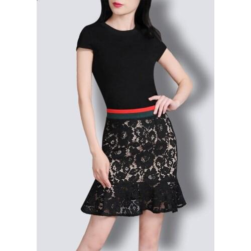 Alpha 2016 Summer Women New Chic Lace Skirt Sets Cotton T-shirt Lace Mermaid Short Skirt with Sporty Striped Waist in 3 colors