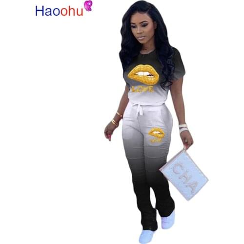 HAOOHU Women Sport Two Piece Set Love Lip Gradient T-shirt Tops Stacked Bell Bottom Flare Jogger Suit Tracksuit Matching Set