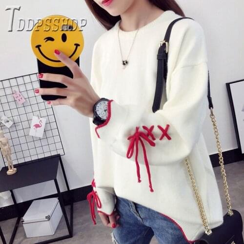 2019 Sleeve With Bandage Women Sweater Round Neck Korean Minimalist Office Lady Sweater