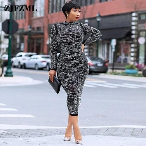 Sheer Mesh Rhinestones Spliced Club Dress Women Front Hollow Out Long Sleeve Sheath Dresses Elegance Body-shaping Skinny Robe