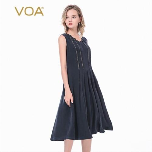 VOA Heavyweight Silk 30m/m Summer Dress AE193 Navy Color Peach Collar Three-Dimensional Sleeveless Maxi Dresses for Women