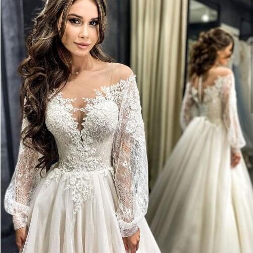 Charming A Line Wedding Dress O Neck Lace Appliques Bridal Gowns Long Puffy Sleeve Illusion Back With Button Vestidos De Novia