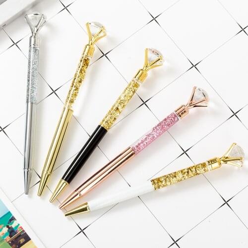1pc Big Diamond oil Crystal Pen Ballpoint pens ring wedding Metal BallPen Kawaii Magical Pen Fashion Office Supplies