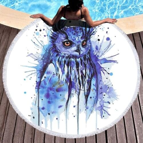Watercolor Owl Beach Towel Round Sand-Free Beach Cover For Child Adults Microfiber White Bath Towel Body Strandlaken Women Home