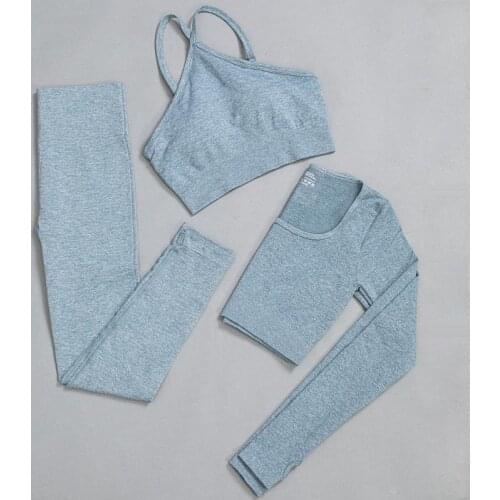 3PCS Seamless Yoga Sets Women Gym Clothes Long Sleeve Crop Top Shirts Sports Bra High Waist Leggings Fitness Sportswear Suits