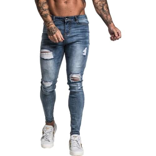 Gingtto Men Jeans Skinny Stretch Repaired Jeans Light Blue Hip Hop Distressed Super Skinny Slim Fit Cotton Comfortable Big Size