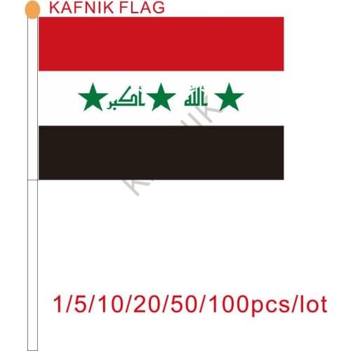 KAFNIK ,10/20/50/100pcs Promotion Wholesale Small Iraq Hand Waving National Flag 14*21cm Polyester Flag Free Shipping