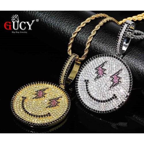 GUCY Hip Hop Solid Back Circular Smiley Face Pendant With Tennis Chain Plated All Iced Out Cubic Zircon Men Jewelry Gift Party