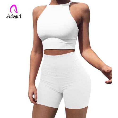 Fitness Women 2 Pieces Set 2020 New Summer Sexy Sleeveless Crop Top Bodycon Biker Shorts Sport Home Casual Women 2 Piece Set