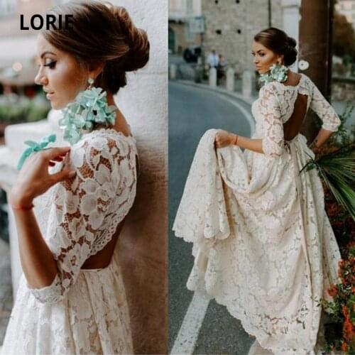 LORIE Elegant Full Lace Wedding Dress Boho 2019 Half Sleeve Wedding Gowns Open Back Beach Bridal Gowns Vintage Country Plus Size