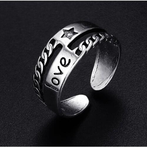 Trendy Vintage Love Letter Antique Silver Plated Punk Hiphop Rock Style Resizable Rings for Women Girl & Man Retro Party Jewelry