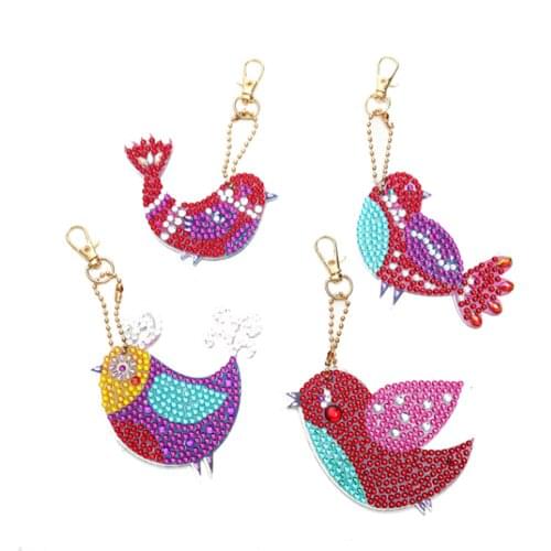 4pcs Full Drill Special Shape Rhinestone Drawing Kit Birds Animal 5D Diamond Painting Keychains Keyrings DIY Mosaic Gift