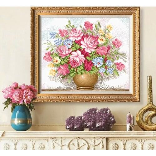 Cross stitch kit printed canvas вышивка European style vase bouquet is simple and easy to sew suitable for embroidery beginner
