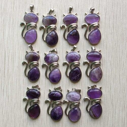 Wholesale 12pcs/lot new Fashion good quality natural amethysts stone cat shape pendants for jewelry making free shipping