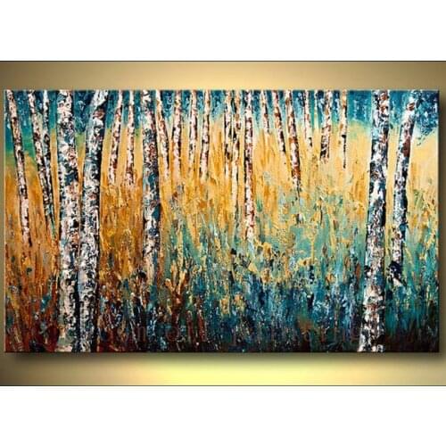 Hand Painted Birch Tree Painting for Home Decorative Handmade Wall Art Palette Knife Thick Landscape Texture Canvas Oil Painting