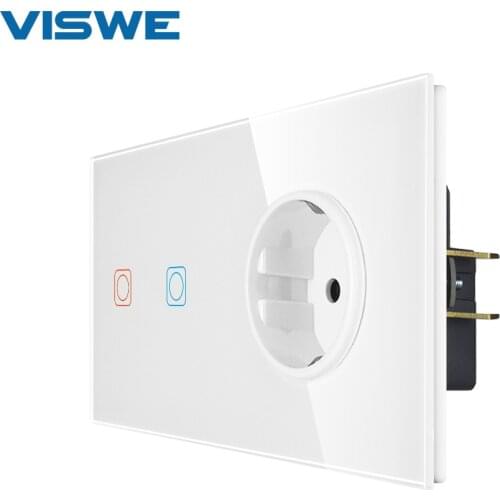 VISWE 2gang 1way touch switch with EU Standard Tempered Glass Panel Eletricial socket Led Touch Screen Wall Light Switch