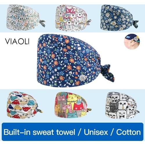 Viaoli cartoon printing Breathable cotton Adjustable Scrubs Cap beauty pet shop work hats dust hat Scrub Cap for Male and female