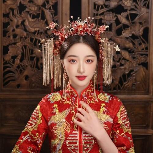 Traditional Chinese Style Crown for Bride Wedding Hair Accessories Vintage Princess Headwear Cosplay Hanfu Earrings Headdress