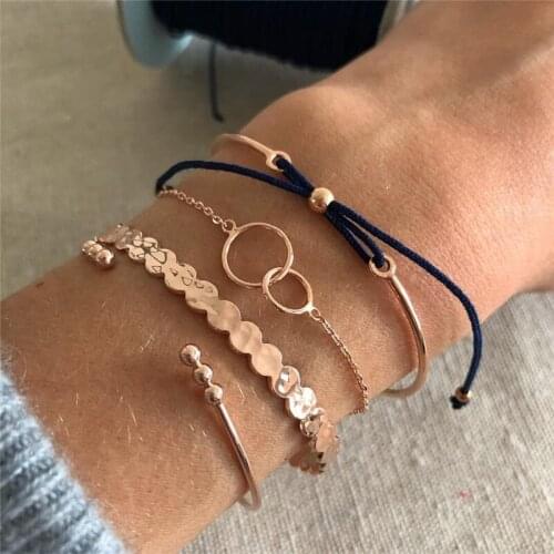 Bohemian 4 Pcs/Set Vintage Gold Color Bowknot Leather Bead Chain Geometric Bracelets Set Fashion Jewelry Accessories
