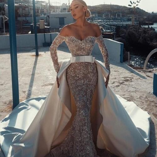 Gorgeous Mermaid Wedding Dress With Detachable Train 2021 Crochet Lace Long Sleeve Beaded Country Boho Beach Bridal Gowns