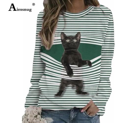 Plus Size 4xl Artistic Cat Stripe Tee Shirt Women Top O-Neck Spring Autumn Long Sleeve Casual Loose Female T-shirt Clothing 2021