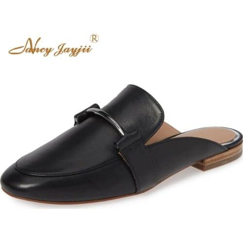 Summer Round Toe Black Flat Sandals Woman 2019 Mules Female Slippers Soft Leather Large Size 10 15 For Ladies Shoes Casual Dress