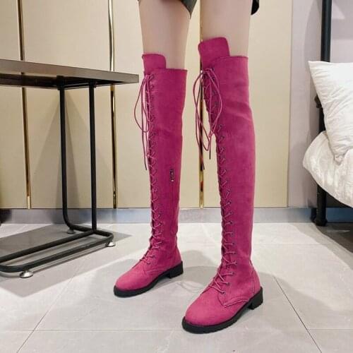 43 Big Size Autumn Shoes Woman Vintage Purple Knee High Boots New Lace Up Low Heel Shoes Vintage Fashion Women Long Boot Shoes