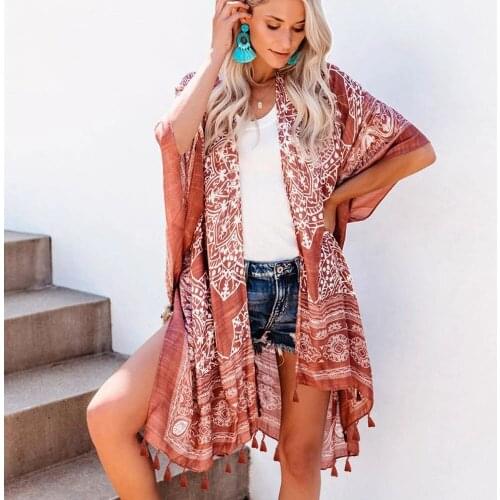 Boho Bohemian Print Blue Summer Beach Wear Long Kimono Women Swimsuit Cover Up Plus Size Bikini Coverup Sarong Plage