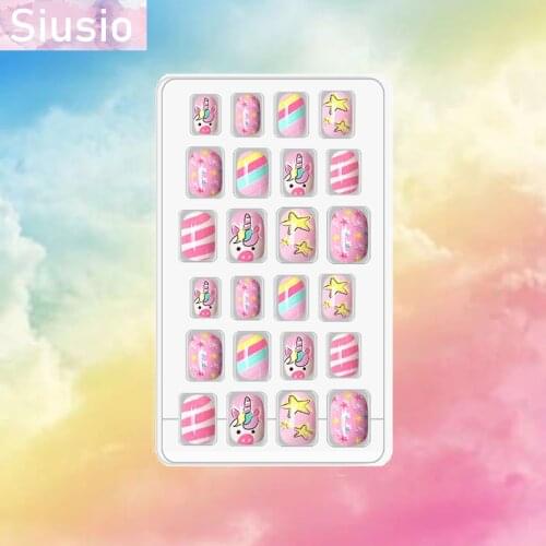 24pcs Child Fake Nails Cartoon Unicorn Pink Gradient Rainbow DIY Short Full Cover Shining Star Lovely Gift for Girl Kid Nail Art