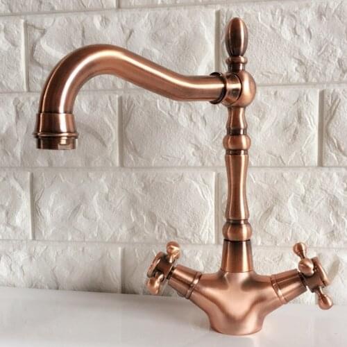 Antique Red Copper Dual Cross Handle Kitchen Basin Mixer Tap Sink Faucet Swivel Spout Bathroom Vanity Faucet Mixer Tap Lrg054