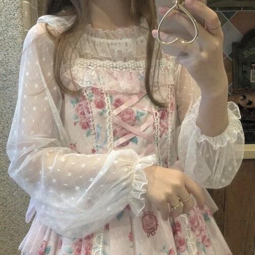 Japanese Kawaii Lolita Lace Long-sleeved Lolita Top Blouse Lace Lantern Sleeve Blouses Shirt Chiffon Blouse