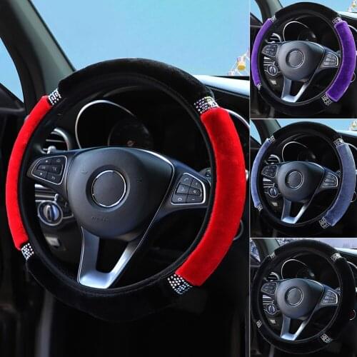 15" Car Steering Wheel Cover Winter Warm Fleece Cover Bling Rhinestones Interior For 37-38cm Auto Decoration Accessories