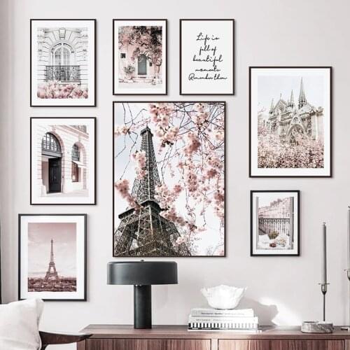 Nordic Canvas Painting Paris Tower Poster Window Posters Pink Flower Print Architecture Prints Modern Wall Pictures Home Decor