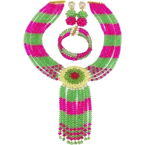 Fuchsia Pink Light Green Crystal Necklace African Wedding Beads Nigerian Jewelry Set for Women 6CXLS06