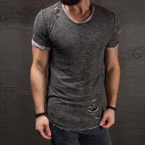 Summer Short sleeve t shirt men fashion Hip hop gothic Hole design o-neck solid color Casual Tops mans T-shirt