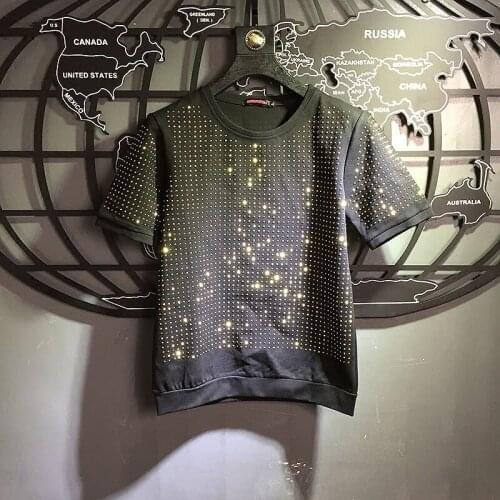 Spring Summer Plus Size T-shirt Women and Men New Gold Rhinestone Round-Neck Full Diamond Short Sleeve Loose T-shirt Mens Tee