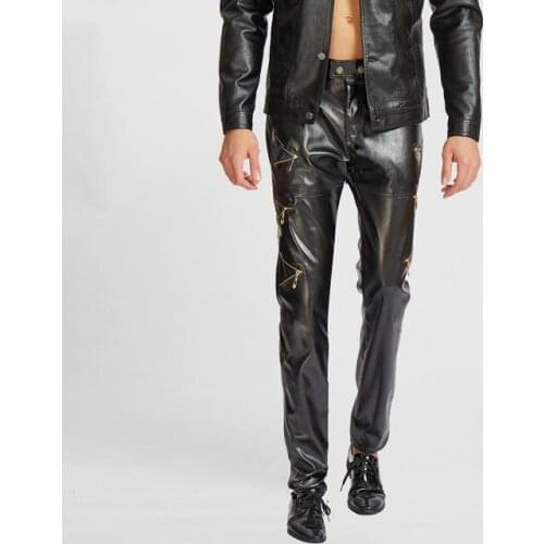Spring autumn personality fashion motorcycle faux leather pants mens feet pants thin pu trousers for men pantalon homme black