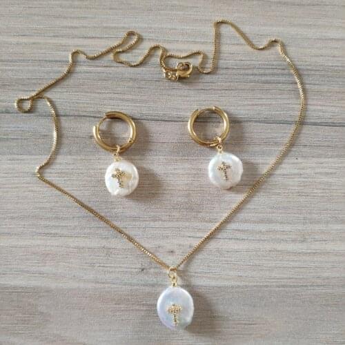 Freshwater pearl bead white cz crystal paved mini gold cross religious charm hoop earring choker necklace jewelry set woman