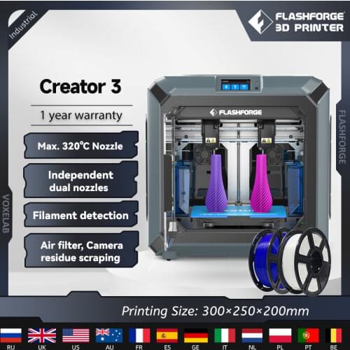 Flashforge Creator 3 3D Printer Industrial Level Independent Extruders 300℃ Heating Nozzle Flexible Build Bed Air Filtration