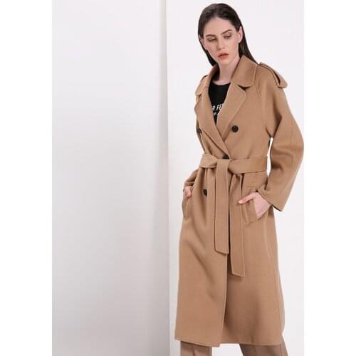 2019 newest women windbreaker fashion A-shaped laced-up waisted overcoat waisted woolen coat female elegant topcoat