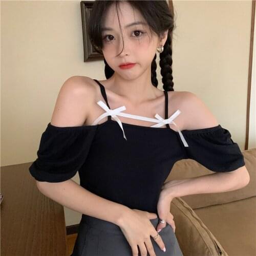 2021 New fashion Women Off Shoulder Strap Tops, Sexy Short Sleeve Rib Knit Bow Front Slim Fit T-Shirts