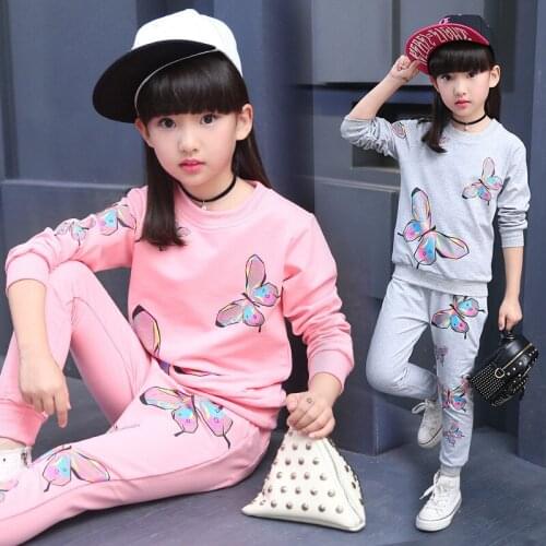 Butterfly print Girl casual suit Sweatshirt pants sets Childrens leisure sports suit Childrens Youth leisure suit 4-13years