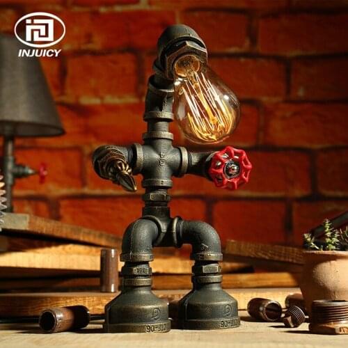 Industrial Retro Style Rust Iron Plumbing Pipe Robot Desk Lights With Red Valve Handle Study Reading Decoration Table Lamp