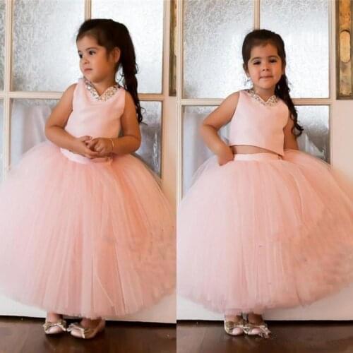 Blush Pink Two Pieces Flower Girls Dresses For Weddings Beaded Sequins Girls Pageant Dress Ankle Length First Communion Dresses
