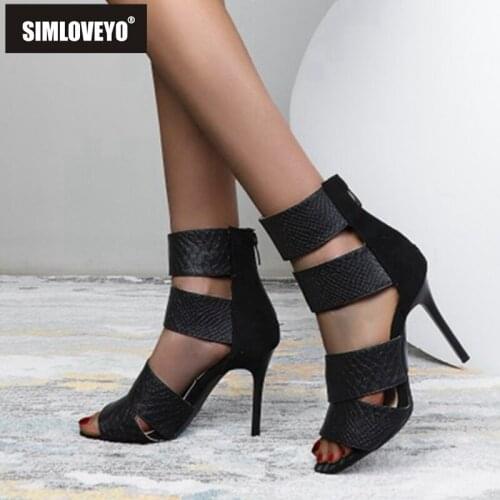 SIMLOVEYO New 2021 Women Sandals Open Toe 10cm High Thin Heels Zip Snake-Skin Sexy Breathable Big Size 30-48 Club Green A3486